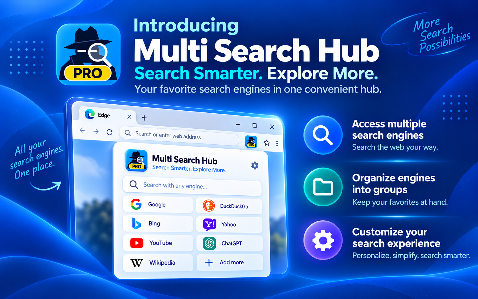 Multi Search Hub Pro promotional interface graphic showing a browser window, the extension dashboard, and key benefits
