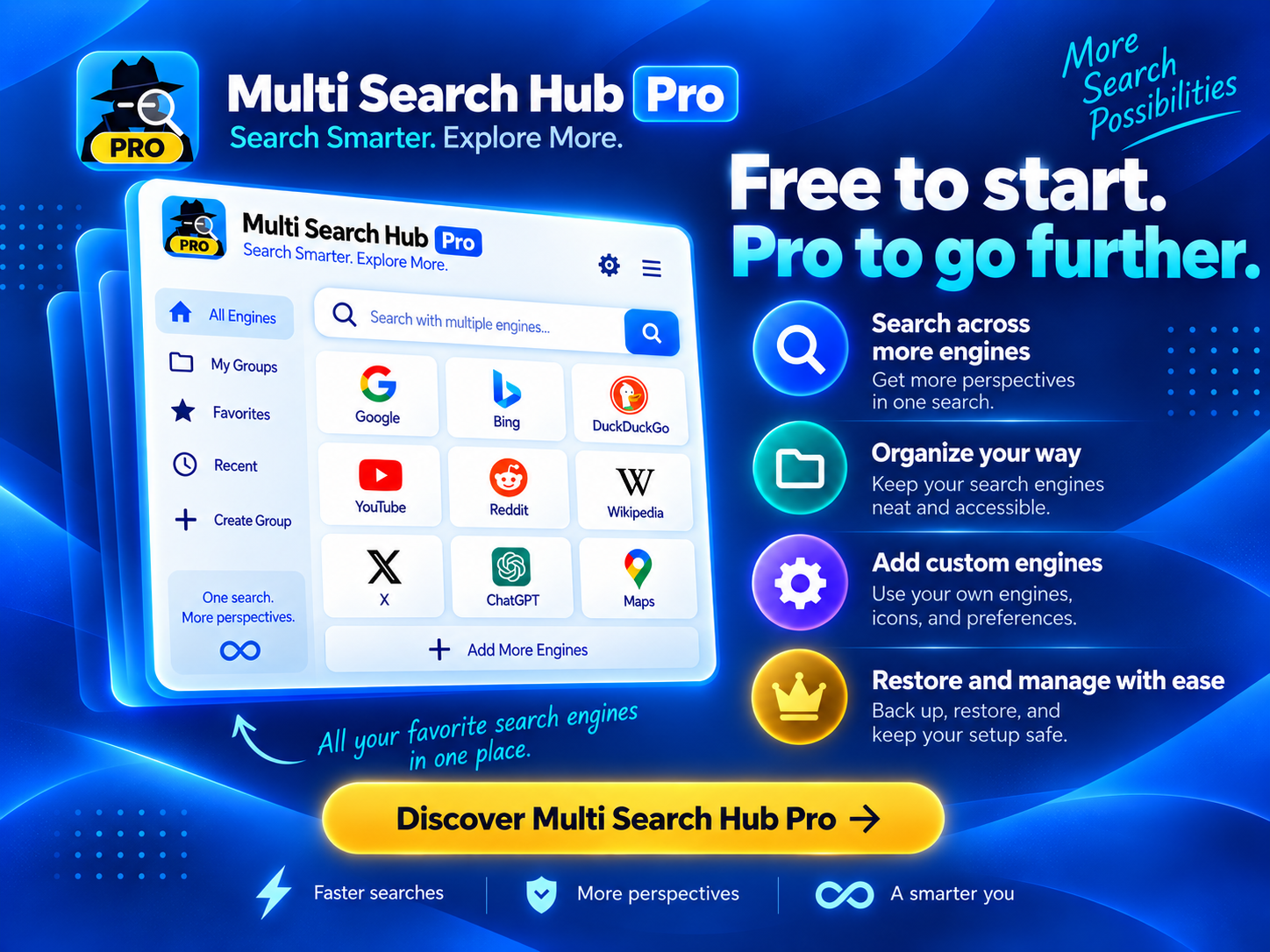 Multi Search Hub Pro promo poster: Free to start, Pro to go further