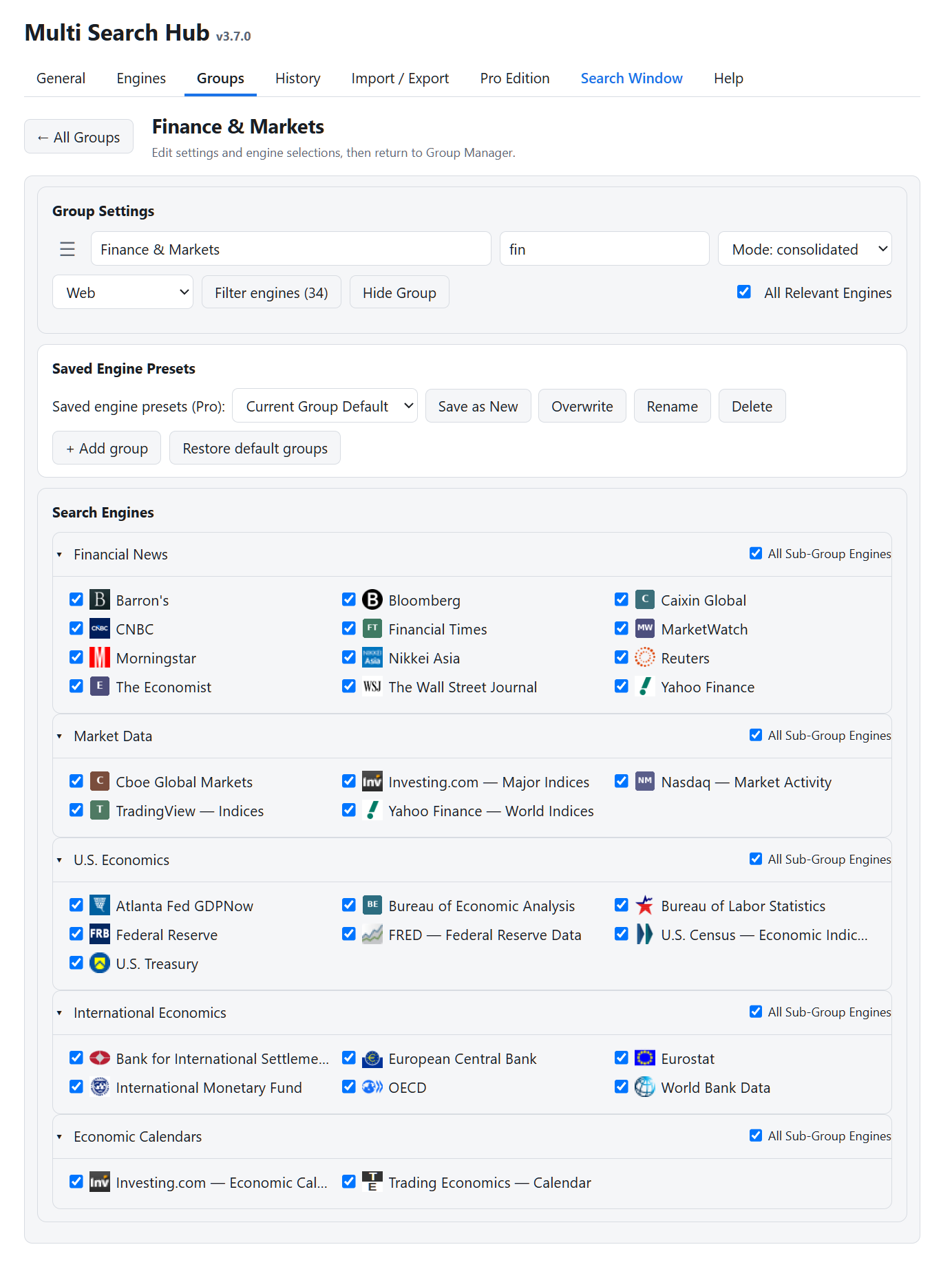 Finance & Markets, with independently selectable subgroups and saved presets.