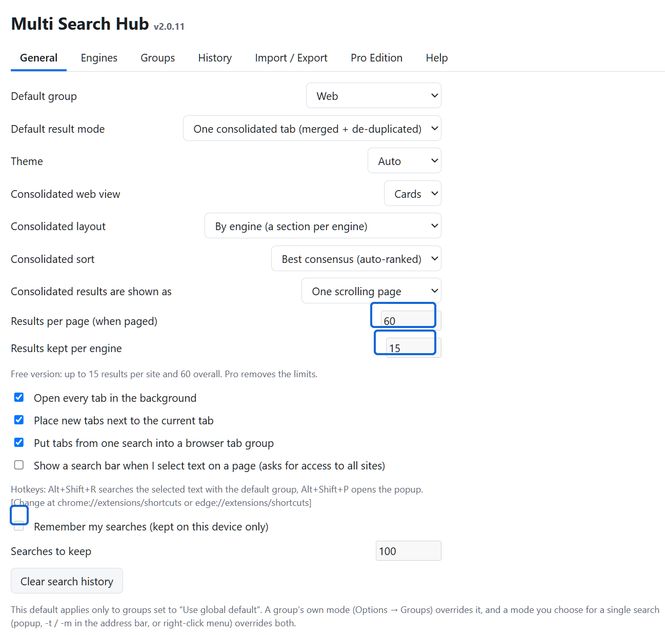 Free General screenshot illustrating the locked 15-per-engine / 60-total limits.