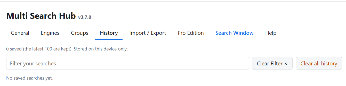 History tab in the fresh v3.7.0 screenshot; no searches were recorded in this profile.