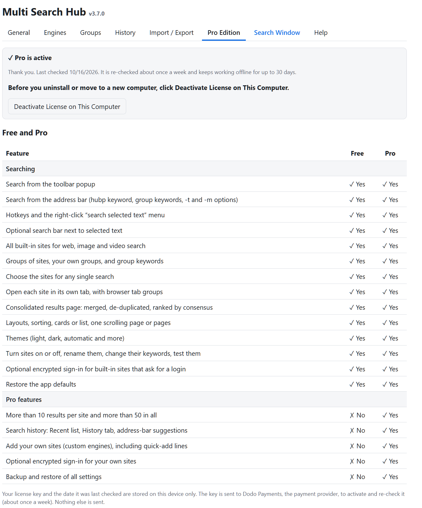 Pro active and Free-versus-Pro feature comparison.