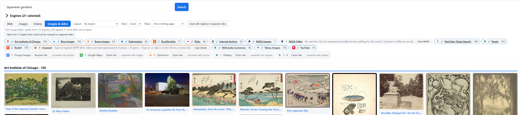 Combined image and video results with source statuses.