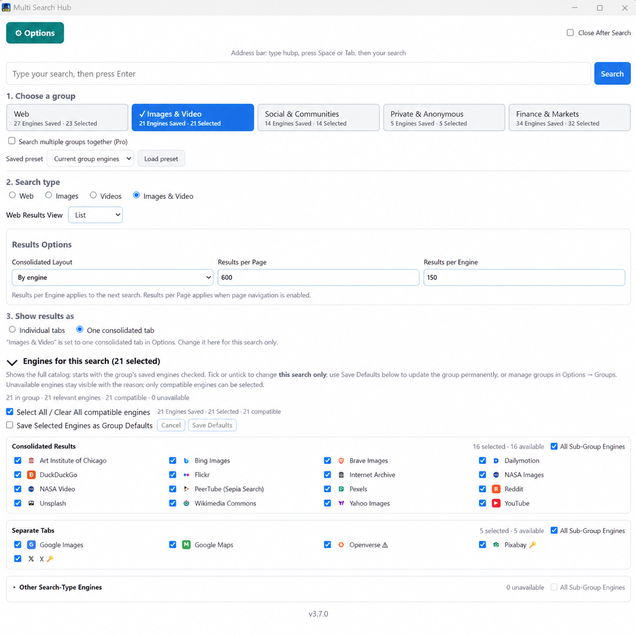 Search Window with group cards, result options, and per-section engine controls.